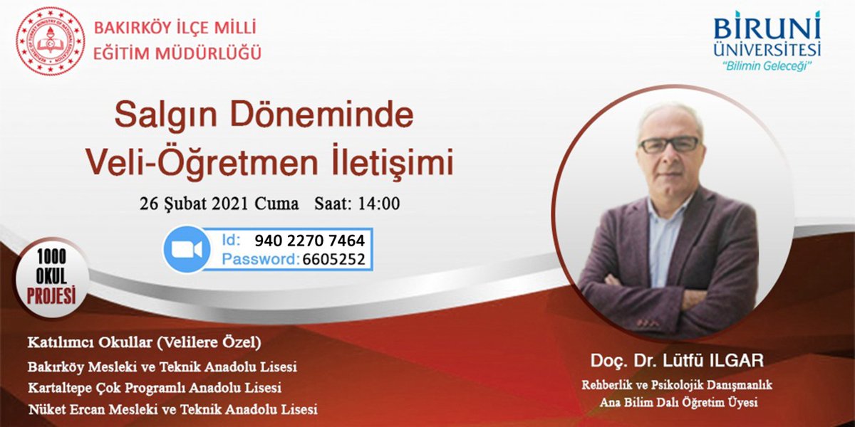 📝1000 okul projesi kapsamında.
🔊 ‘Salgın döneminde Veli-öğretmen iletişimi semineri velilere özel 
#Zoom #CANLIYAYIN 
🏫Bakırköy İlçe Milli Eğitim Müdürlüğü
🗓️26 Şubat  Cuma 2021 
⏰14.00
<a href="/tcmeb/">Millî Eğitim Bakanlığı</a> 
<a href="/memleventyazici/">Levent Yazıcı</a> 
<a href="/istanbulilmem/">İstanbul İl Millî Eğitim Müdürlüğü</a> 
<a href="/ErsahinMustafa/">Mustafa Erşahin</a>