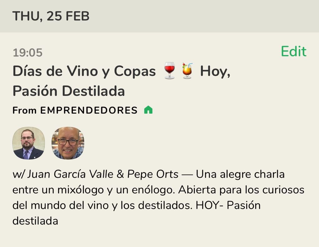 Hoy a las 19h estaré en @joinClubhouse con <a href="/pepeorts/">Pepe Orts Mixología</a> hablando de vinos y destilados. ¿Te apetece asistir y participar? Hoy pasión destilada, donde hablaremos de una bebida de aperitivo. joinclubhouse.com/event/m71JywjW