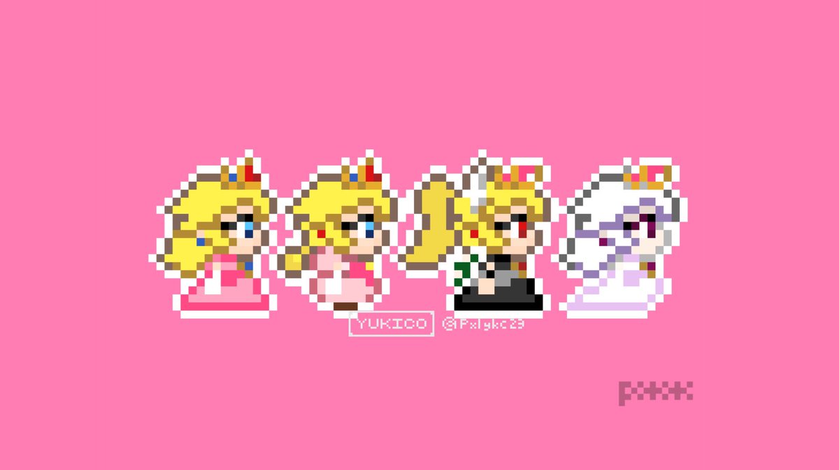 👑🍑⛱

#ドット絵　#pixelart
#ピーチ姫　#キノピコ　#クッパ　#テレサ
#PrincessToadstool
#PrincessPeach