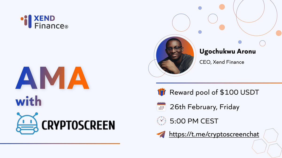 1/ 🦾Xend Finance is ready for an all new AMA session with CRYPTOSCREEN! 

🗣<a href="/AronuUgochukwu/">Ugochukwu Aronu 🕊</a> will be giving insights on Xend’s developments and more!

🎯Date: 26th Feb
🎯Time: 5:00 PM CEST
🎯Venue: t.me/cryptoscreench…

🏆 $100 USDT for the best questions!