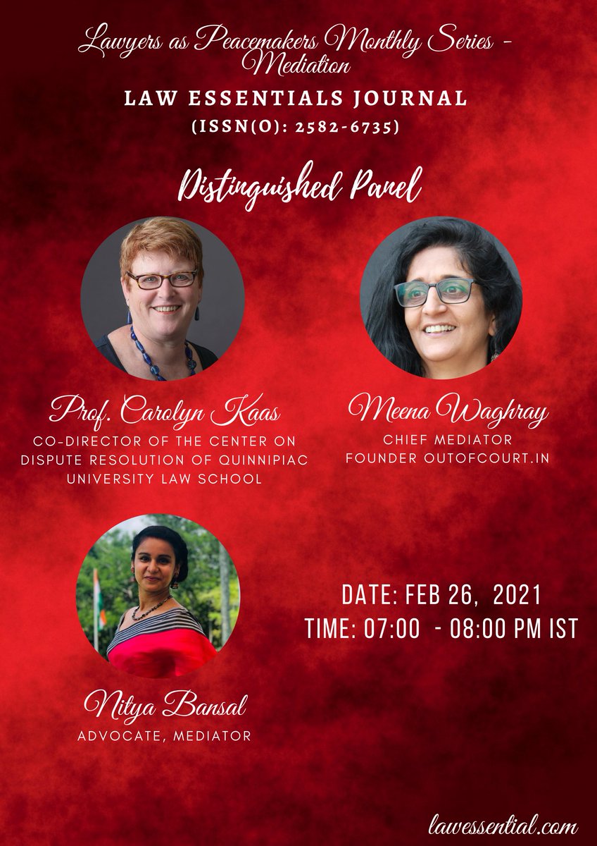 IndiaMediates's tweet photo. Looking forward to addressing the law students on the topic of mediation.
Law Essentials India.

Live on youtube from 7 pm -8 pm tomorrow Friday 26.02'21.

The link.

https://t.co/d5TZa7fZOA

@J Kim Wright @Nitya Bansal Prof. Carolyn Kaas.

#Mediate #Anyonecanmediate https://t.co/4JvaPCZuEf