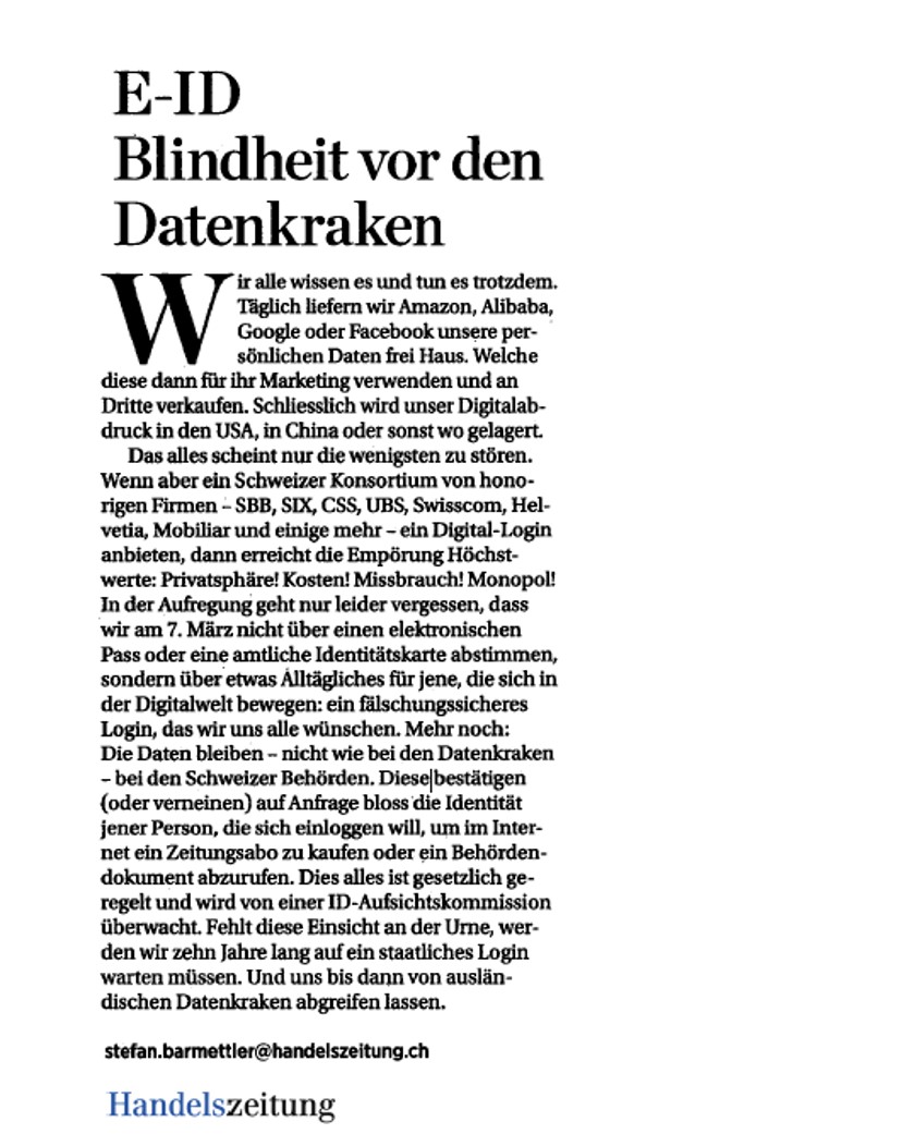 Die E-ID schafft klare Regeln für mehr Transparenz und Datenschutz und garantiert unabhängige Kontrollen. #Handelszeitung #eID