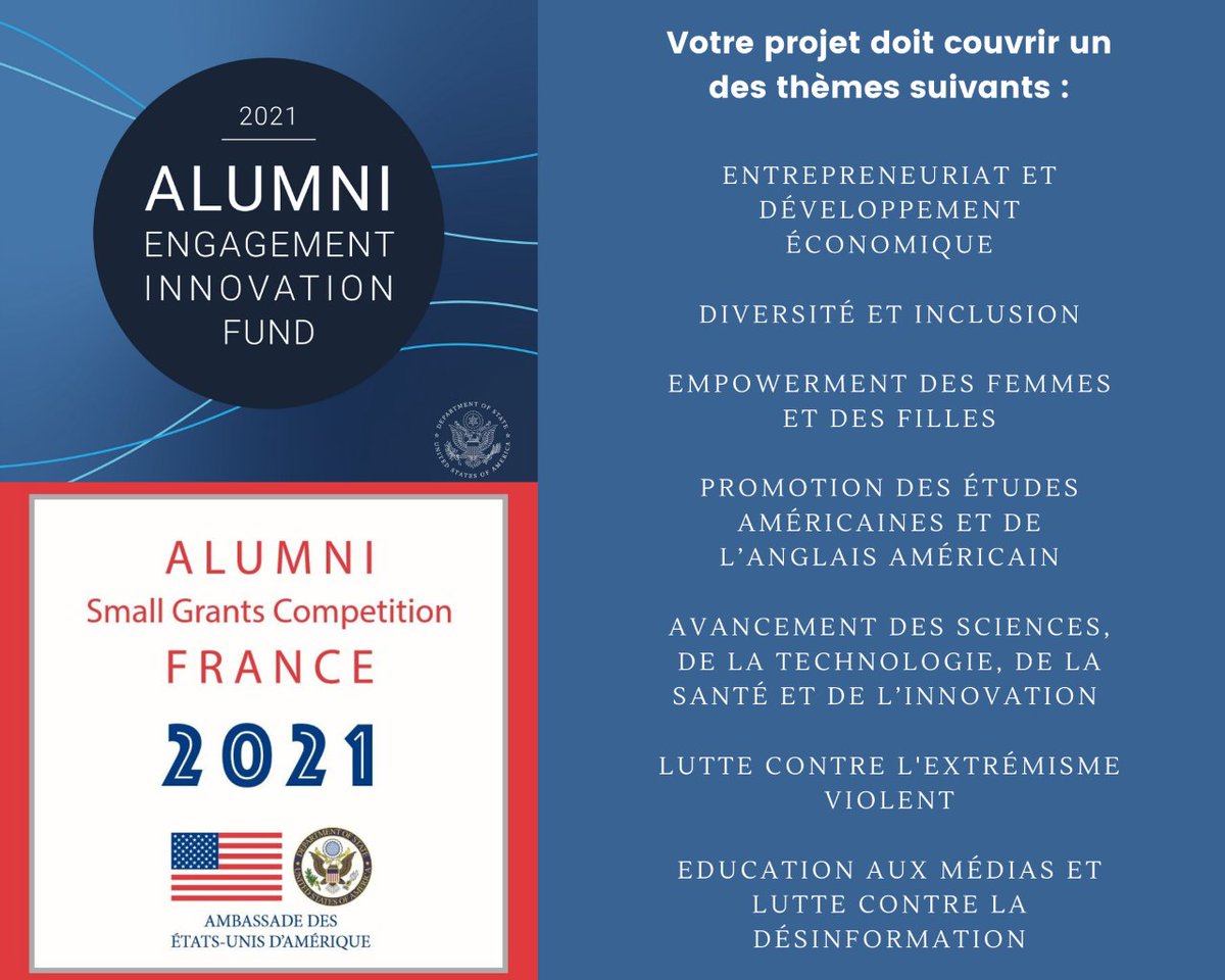 Vous avez participé à un programme d’échange soutenu par @USEmbassyFrance ? Vous avez un projet innovant ? Vous aussi obtenez un financement pour le mettre en oeuvre en postulant à un de nos appels à projets: Pour plus d’informations et comment postuler ➡️ fr.usembassy.gov/education-cult…