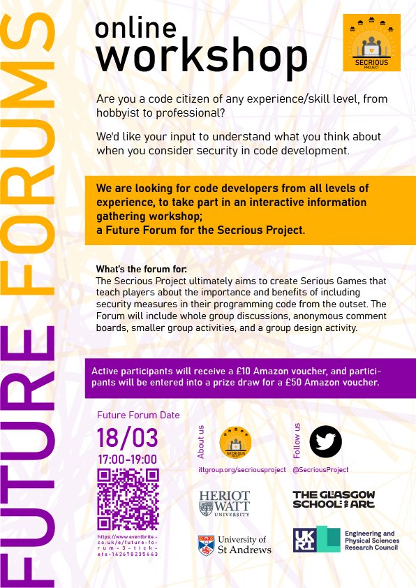 Our third and final #FutureForum is happening on Thur 18/03, 5-7pm. 
Any and all levels of #programming experience encouraged to attend!
Help us design a #SeriousGame about #CyberSecurity and get yourself a £10 voucher in the process!
eventbrite.co.uk/e/142678235443
#WomenWhoCode