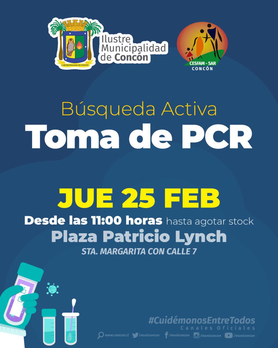 municoncon's tweet image. 🔴TOMA DE PCR🔴
Hoy, jueves 25, se tomarán PCR en la Plaza Patricio Lynch, con stock limitado.
Recuerda llevar tu carnet y mascarilla😷
#cuidémonosentretodos