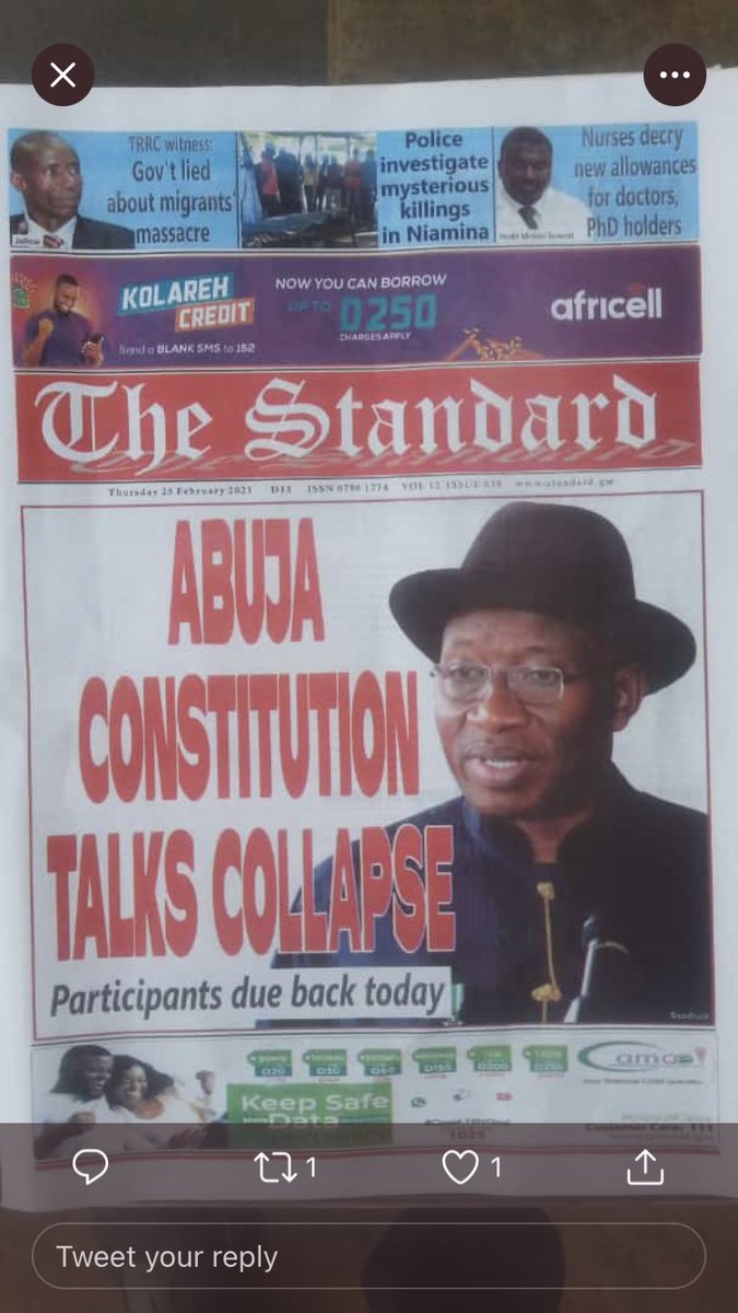 saiks2's tweet photo. 1/3 #Gambia We shouldn’t be afraid to say that we’re being denied a ‘People’s Constitution’ simply because #PresidentBarrow wants to stay in power for 15 years. To me, any other view, including the broad brush applied on the ‘political class’ is unfair and cannot hold water. https://t.co/3PkSSfuHg4