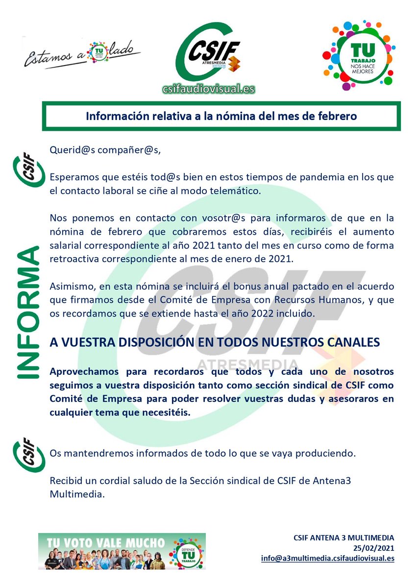 csifa3m's tweet image. Información importante acerca de la nómina de febrero para los compañeros y las compañeras de Antena 3 Multimedia