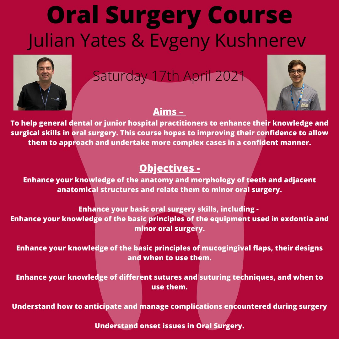 MANDEC_Centre's tweet photo. * Oral Surgery course - Saturday 17th April 2021 *
Interested? Email mandec.admin@manchester.ac.uk for prices and more information
#dentalcoursesΒ #dentalschool #dentalstudent #dentistlife #dentalsurgery #dentistrystudent #dentalworld #dentalpractice #dentalnurse #oralsurgery https://t.co/Q2x1zbxRvt