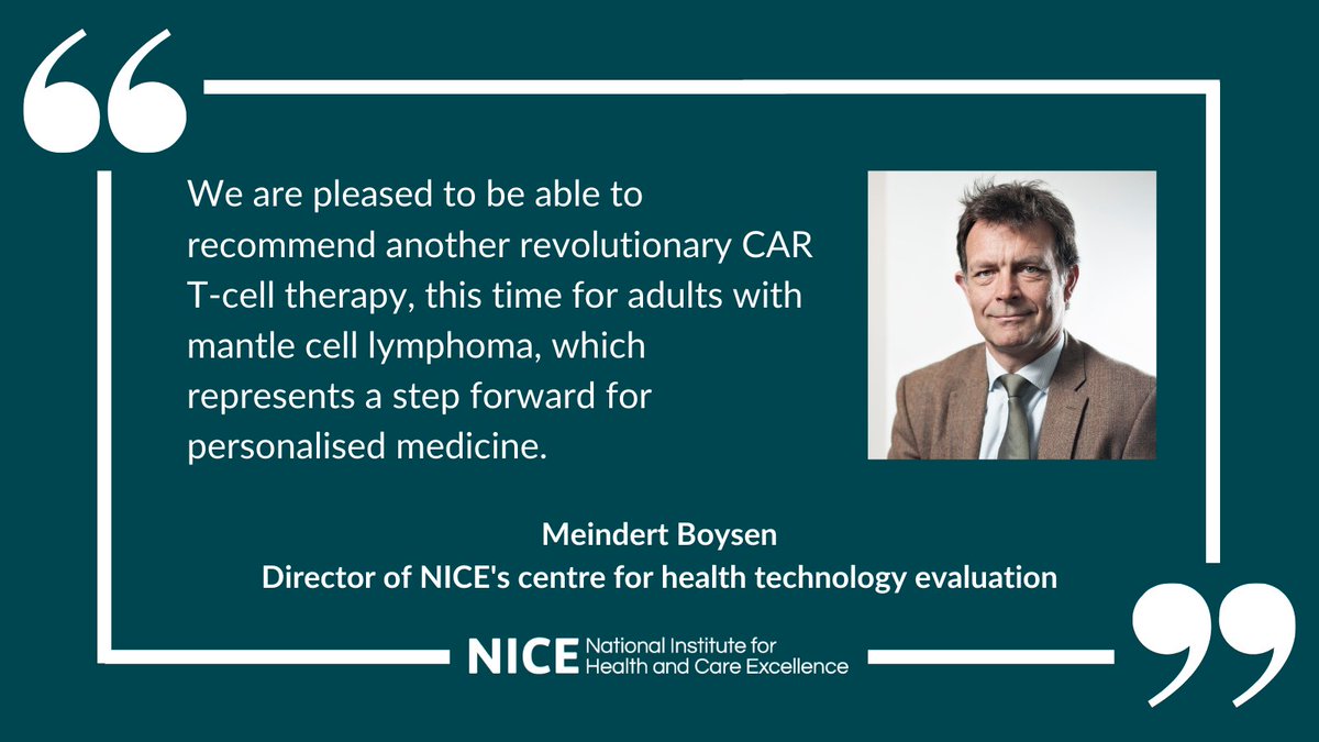 NICE has published final guidance on Tecartus for treating relapsed or refractory mantle cell lymphoma. NHS patients have become among the first in Europe to access this revolutionary therapy. Find out more: bit.ly/3knPMZ3