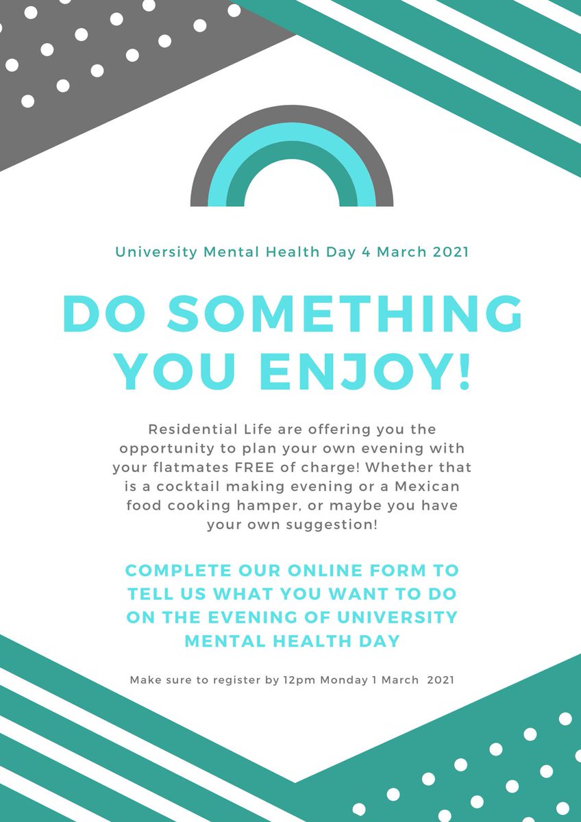 𝗠𝗘𝗡𝗧𝗔𝗟 𝗛𝗘𝗔𝗟𝗧𝗛 𝗗𝗔𝗬! ⁣
⁣
Do something YOU enjoy this University Mental Health day, tell us what you want to do on the evening on the 4th March with your flatmates, and we will fund it*!⁣
⁣
TO BOOK VISIT➡️ forms.office.com/Pages/Response…