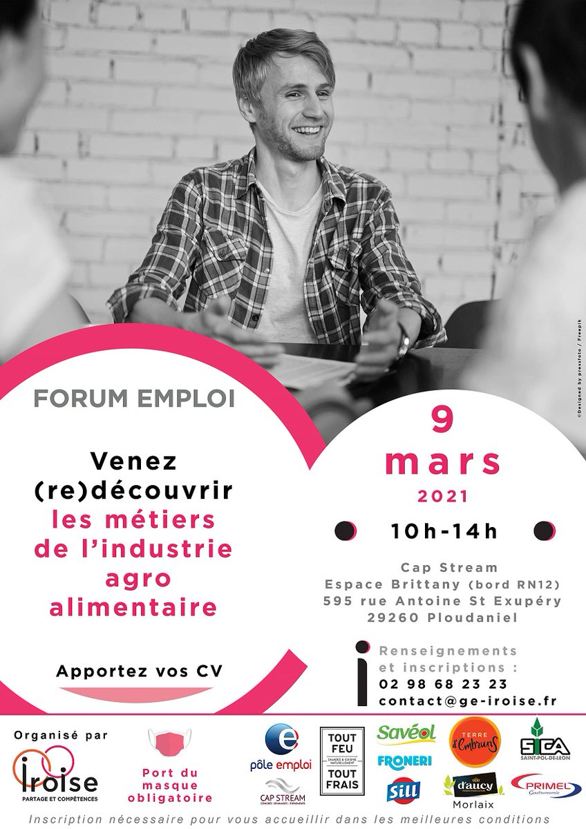 Vous cherchez un #emploi dans l'industrie agroalimentaire ?
Participez à notre forum emploi mardi 9 mars entre 10 h et 14 h à #Ploudaniel !

Infos et inscription :
ge-iroise.fr/forum-emploi-m…

Pensez à apporter plusieurs CV.

#IAA #recrutement #Finistere