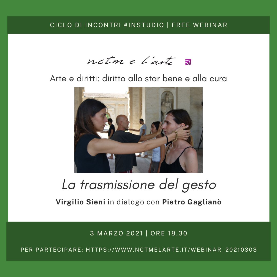 Nuovo appuntamento dedicato alla cura e al diritto al benessere: VirgilioSieni in dialogo con Pietro Gaglianò
💻#Webinar⁠ in italiano⁠
🗓3 marzo, ore 18.30
📌Per partecipare: nctmelarte.it/webinar_202103…
#nctmelarte #NctmStudioLegale #IncontriInStudio #ArteDirittiSalute