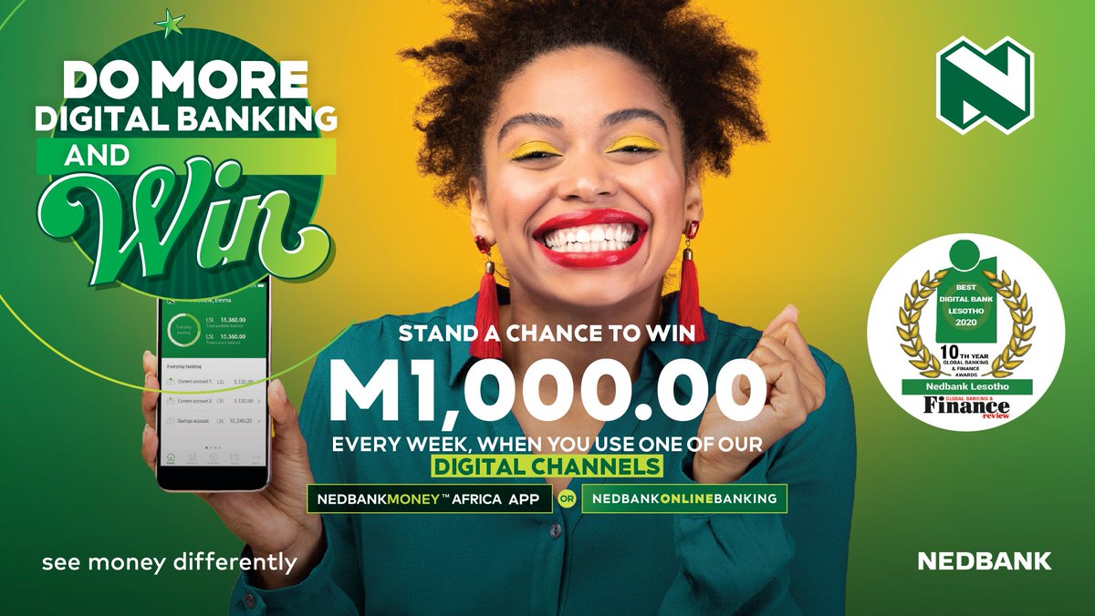 NedbankLes's tweet photo. Stand a chance to win M1 000 every week when you use any of our digital channels to do your banking in the month of February and March 2021. 

Ts&amp;Cs apply  https://t.co/UJFj2QlRRk
#BestInDigital
#UseDigitalToWin
#SeeMoneyDifferently https://t.co/SRcg2QNlYu