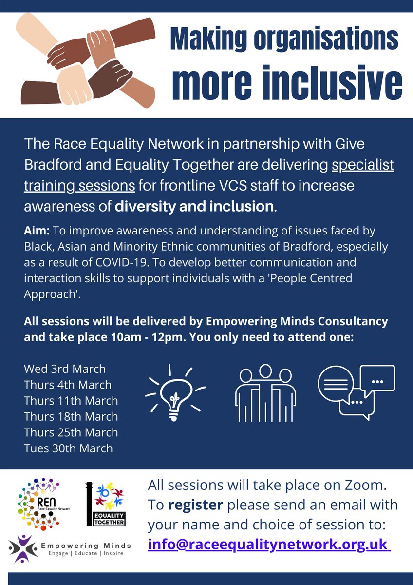 TRAINING OPPORTUNITY

Is your organisation #inclusive?

We are working in partnership with <a href="/EqualityTo/">Equality Together</a> <a href="/GiveBradford/">GiveBradford</a> and <a href="/sofiaempowering/">Empowering Minds Consultancy</a> to deliver specialist training for VCS frontline staff.

Details below, dates from 3rd-30th March. Book your place now #TeamBradford #Training