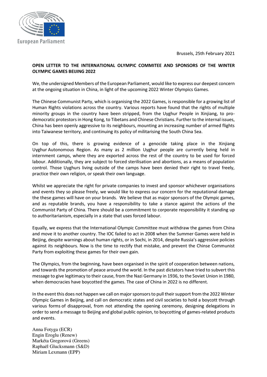 EnginEroglu_FW's tweet photo. Glad to be part of this cross-party initiative with @AnnaFotyga_PE , @MarketkaG , @rglucks1 , @MiriamMLex to urge sponsors to drop support for the #Beijing2022 Winter Olympics. #HumanRights have to come through! 👆 @ipacglobal https://t.co/VEmFAoGaFr