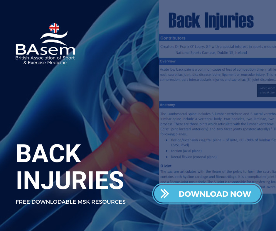 basem_uk's tweet photo. Acute low back pain is a common cause of loss of competition time in athletes. Causes can vary from nerve root, sacroiliac joint, disc disease, bone, ligament or muscular injury.
Learn more: https://t.co/AnABoIhOjI
#BASEM #MSKResources #BackInjuries https://t.co/9j7k8KyEgy