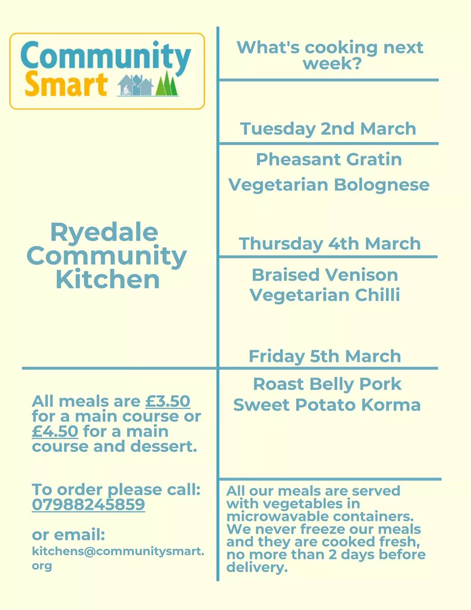 Our fantastic menu is up for next week. 

We are grateful to <a href="/nymmo_uk/">NYMMO</a> and Trotters butchers of Potter Brompton for helping us make this menu possible with locally sauced, sustainable meat. 

Find out more on Facebook

#giftofgame #localfood #foodaid

facebook.com/10866424427369…