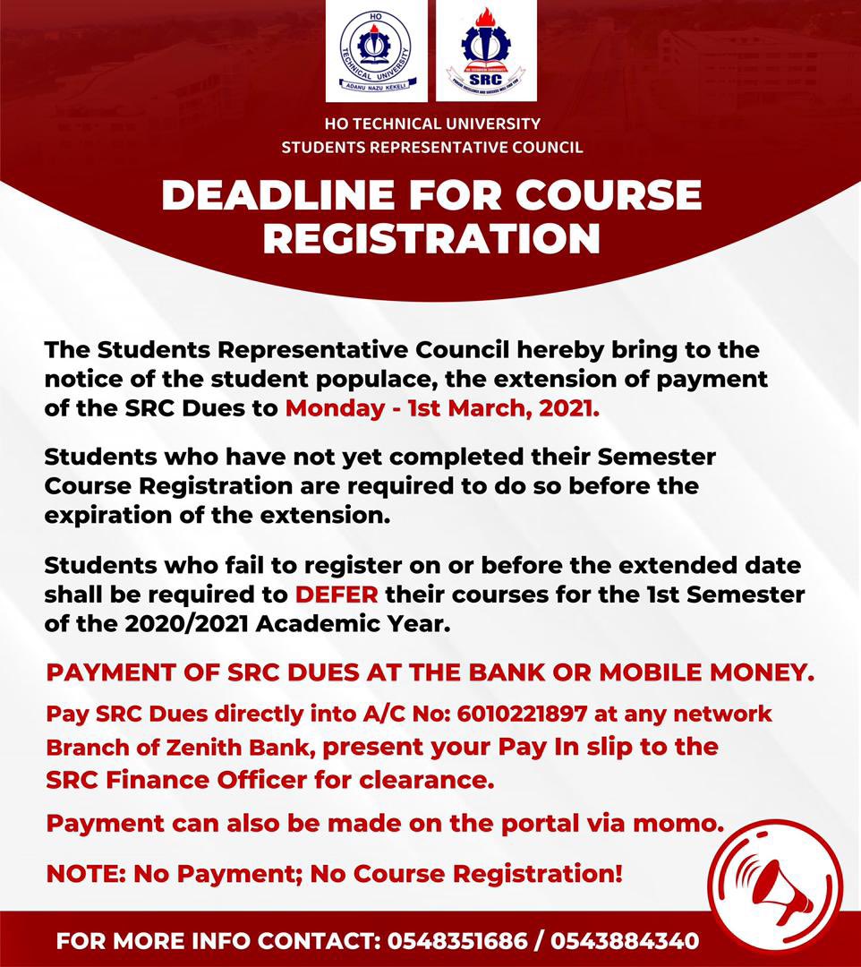 HTUSRC_'s tweet photo. Deadline For Course Registration &amp; Payment Of SRC Dues Via Momo https://t.co/kLpgZopFVg