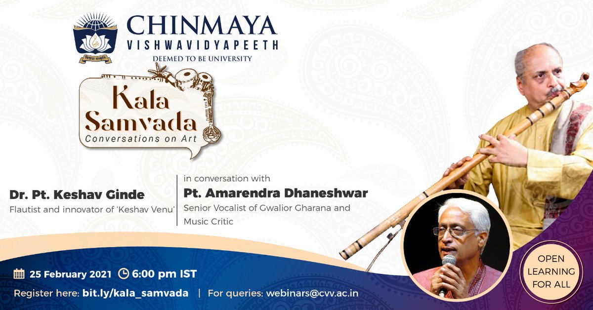 Chinmaya_VV's tweet photo. #OpenLearningforAll | #Kala Samvada
Lec-dem by Dr. Pt. Keshav Ginde (Flautist and innovator of the ‘Keshav Venu’) on 'Evolution and Playing Techniques of the #Flute' in conversation with Pt. Amarendra Dhaneshwar (Senior #vocalist of the #Gwaliorgharana and #musiccritic) https://t.co/6wMwe8MIco