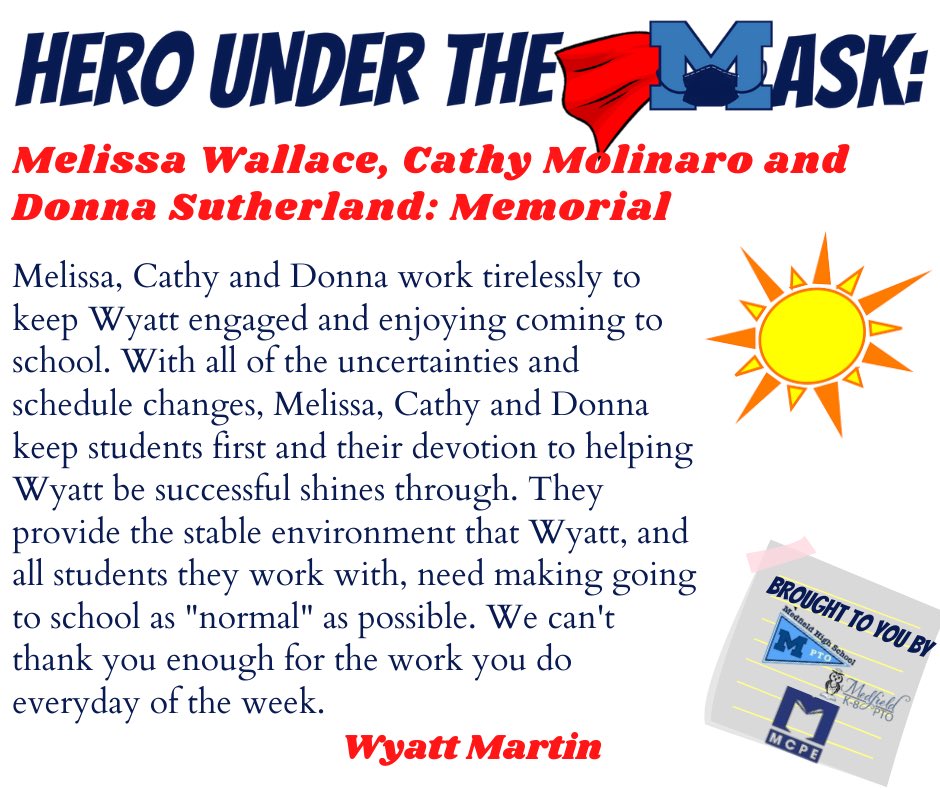 Medfield K-8 PTO (@medfieldk8pto) on Twitter photo Todayโs ๐๐๐ง๐ค๐๐จ ๐๐ฃ๐๐๐ง ๐๐๐ ๐๐๐จ๐ are Memorial Teachers Melissa Wallace, Cathy Molinaro & Donna Sutherland! Thank you Wyatt & Martin family for the recognition & thank you to these 3 teachers for everything you do!#HeroesUnderTheMask <a href="/MemorialPreK1/">Melissa Bilsborough</a> Todayโs ๐๐๐ง๐ค๐๐จ ๐๐ฃ๐๐๐ง ๐๐๐ ๐๐๐จ๐ are Memorial Teachers Melissa Wallace, Cathy Molinaro & Donna Sutherland! Thank you Wyatt & Martin family for the recognition & thank you to these 3 teachers for everything you do!#HeroesUnderTheMask <a href="/MemorialPreK1/">Melissa Bilsborough</a>
