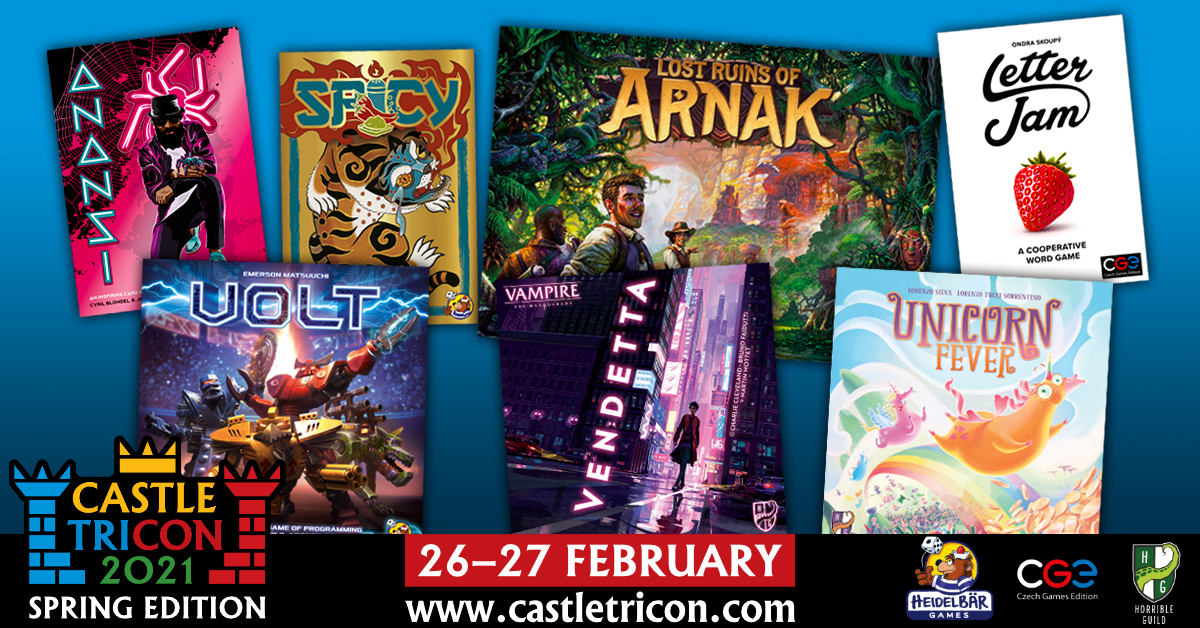 czechgames's tweet image. We can't wait to see you at #CastleTriCon! 
Check all these games available for you to play on the virtual tables, starting tomorrow, Friday, Feb 26th, at 4 pm CET.
Get your FREE ticket castletricon.com.
Please share it with your gaming community!