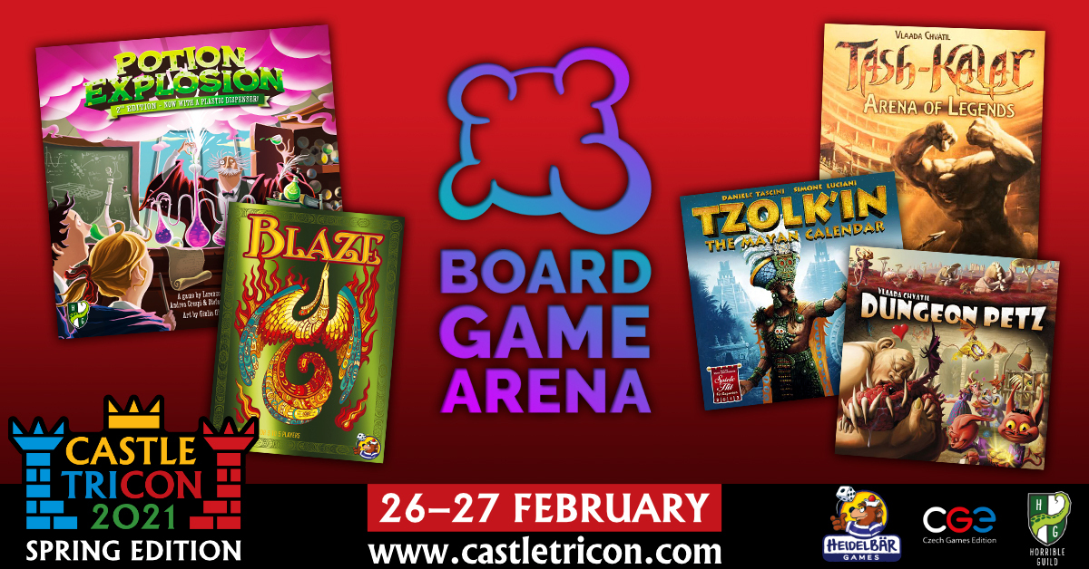 czechgames's tweet image. We can't wait to see you at #CastleTriCon! 
Check all these games available for you to play on the virtual tables, starting tomorrow, Friday, Feb 26th, at 4 pm CET.
Get your FREE ticket castletricon.com.
Please share it with your gaming community!