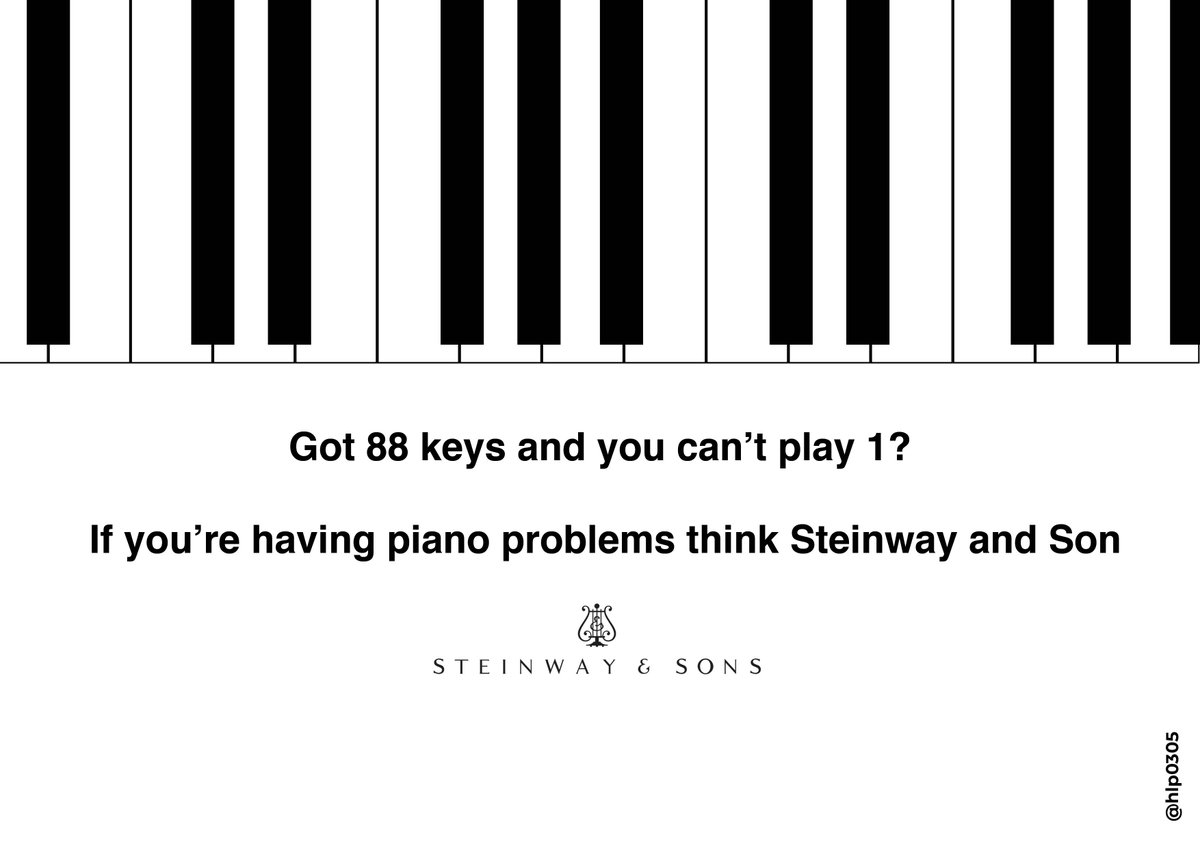 hlp0305's tweet photo. Here we go..second OMB brief completed - today is to advertise #PIANOS
@OneMinuteBriefs I went for some @S_C_ lyrics #design #OMBLE #creative #copy #Steinwayandsons #pianos #designers #create #88problems #99problems #OMB https://t.co/FWUrjeZbTc