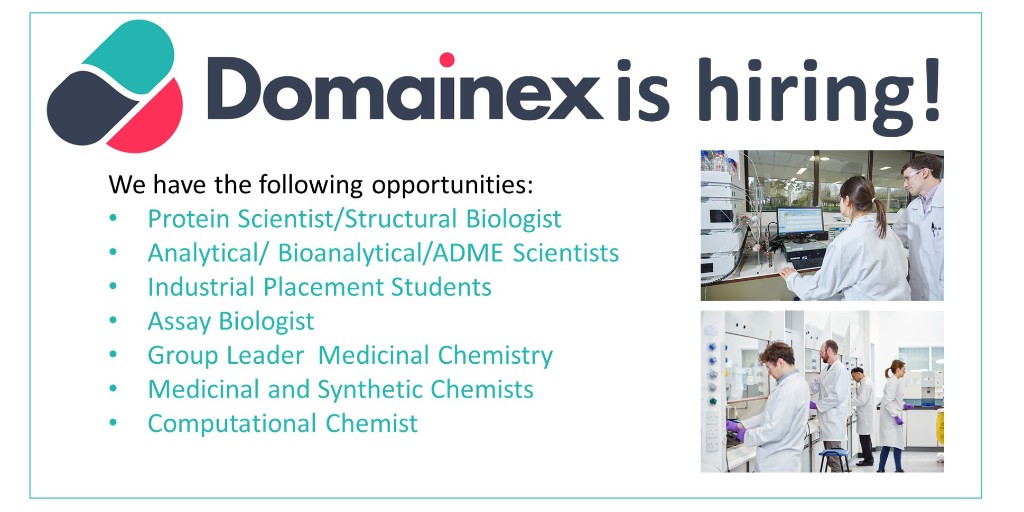 Domainex_UK's tweet photo. #Domainex has a number of exciting job opportunities available. Visit our website for more information: https://t.co/3kQrgEfaWE
#MedicinalChemistry #ProteinScience #AssayBiology #AnalyticalScience #ComputationalChemistry #ukchemjobs https://t.co/1YpwrYMiyX