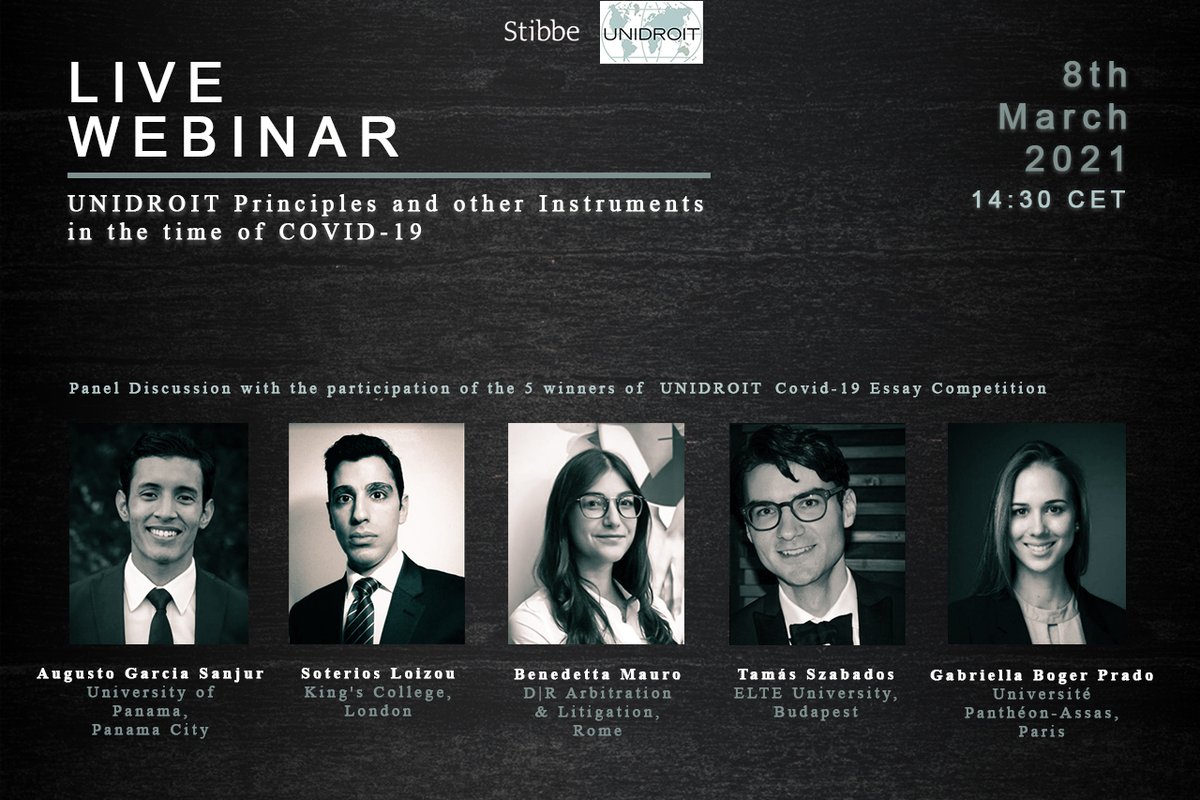 We are pleased to announce the winners of the #UNIDROIT COVID-19 Essay Competition, supported by <a href="/Stibbe/">Stibbe</a>, and facilitated by <a href="/UNIDROIT_FDN/">UNIDROIT Foundation</a>. Register now to attend a webinar where they will present their research: us02web.zoom.us/webinar/regist…