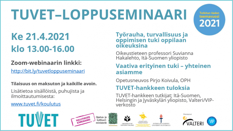 TUVEThanke's tweet photo. Tervetuloa TUVET-hankkeen loppuseminaariin 21.4.2021! Kaikille avoin ja maksuton seminaari järjestetään Zoom-webinaarina klo 13.00–16.00. Tarkemmat tiedot ja osallistumislinkin löydät verkkosivuiltamme https://t.co/GlnYMAdHzG . 1/2 https://t.co/9B9XC7HkDE