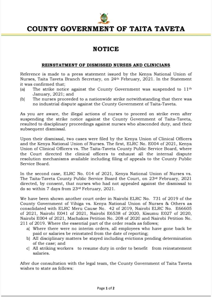 DiscoverTTCG's tweet photo. Reinstatement of Dismissed Nurses and Clinical Officers

All dismissed Nurses and Clinical Officers are advised that the only route to be reinstated is through the appeal to the County Public Service Board as directed by the Mombasa Court. https://t.co/HEOhumloVr