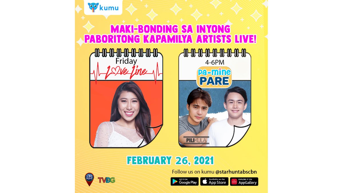 Join na sa masayang kwentuhan kasama ang inyong paboritong Kapamaliya Stars!
Kiara on Love Line at 12nn
Eian &amp; Tan on PILIkula Spotlight: Pa-Mine Pare at 4pm
Magkita-kita tayo bukas sa app.kumu.ph/starhunt