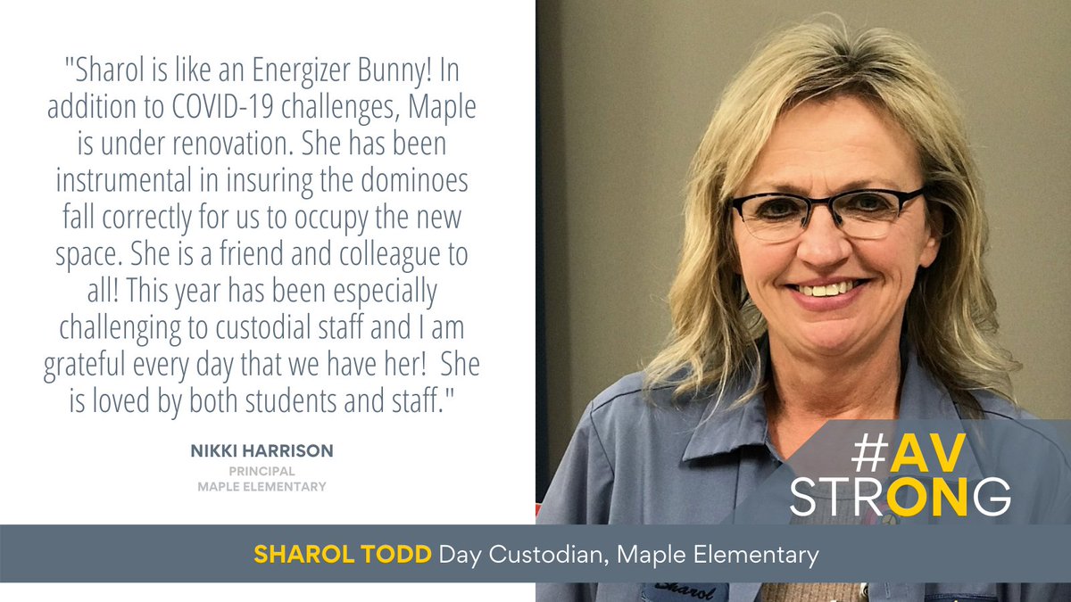 According to Maple Elementary Principal Nikki Harrison, Day Custodian Sharol Todd is #AvonStrong. What is the fuel that keeps her going? "Feeling appreciated by the students and staff here at Maple," says Ms. Todd. Thank you for all you do!