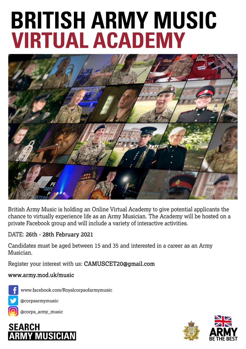 teesvalleymusic's tweet photo. British Army Music is holding an Online Virtual Academy to give potential applicants the chance to virtually experience life as an Army Musician.

If you'e between 15 and 35 and interested in taking part view the poster below for more details. https://t.co/5yVeekRWJG