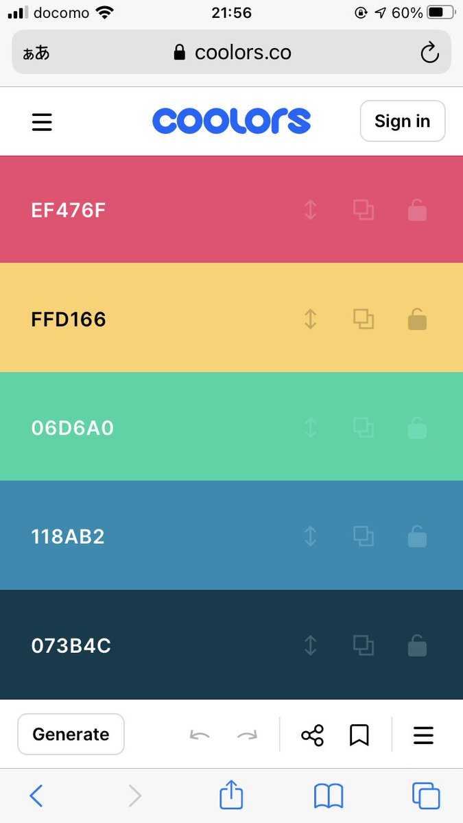 coolorsっていうサイト初めて知った。。いい感じの色の組み合わせ教えてくれるんだ。generateで色々好きな色の組み合わせ探せるの楽しい。
coolors.co/f8ffe5-06d6a0-…