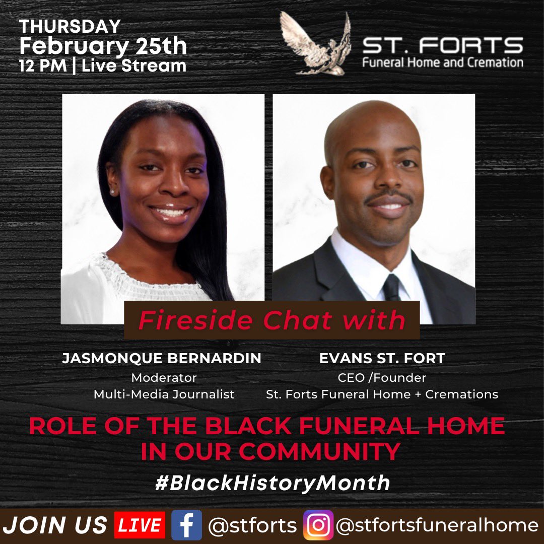 Join us today at noon for our fireside chat about the role black funeral homes in the community. #BlackHistoryMonth