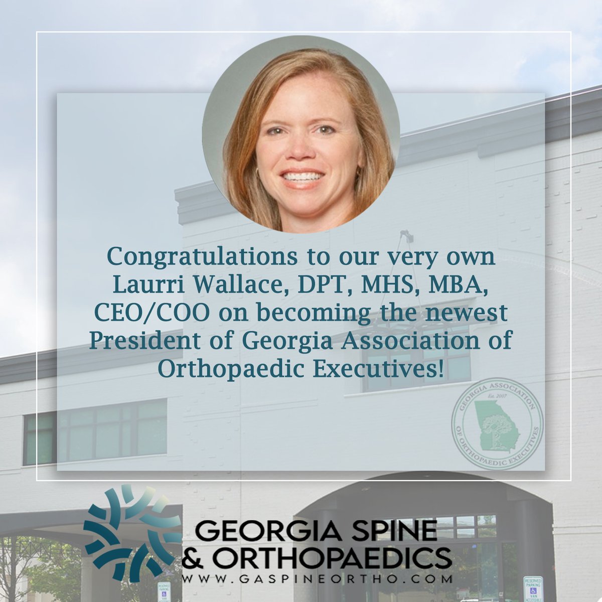 RT @gaspineortho1: Congratulations to our very own Laurri Wallace, DPT, MHS, MBA, CMPE, CEO/COO-Georgia Association of Orthopaedic Executives newest President!!!  Way to Go Laurri, thank You for always Leading the way! #GSO #GSOLeadership #GAOE