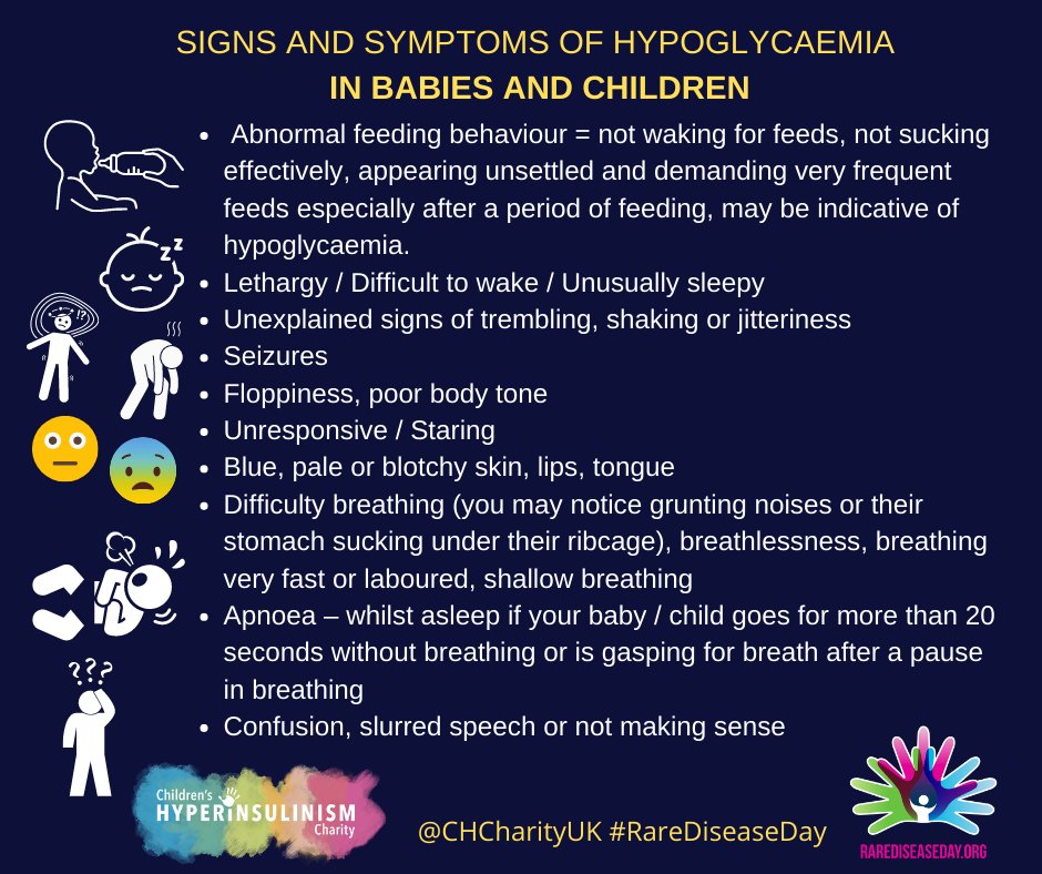 CHCharityUK's tweet photo. Knowing signs &amp; symptoms of #Hypoglycaemia in babies could be life saving. Prompt intervention, diagnosis &amp; treatment helps minimise the risk of neurological harm in #Hyperinsulinism.  @CHCharityUK campaigns for better public awareness. Help by sharing this post #RareDiseaseDay💓 https://t.co/5kGPvlIfVe