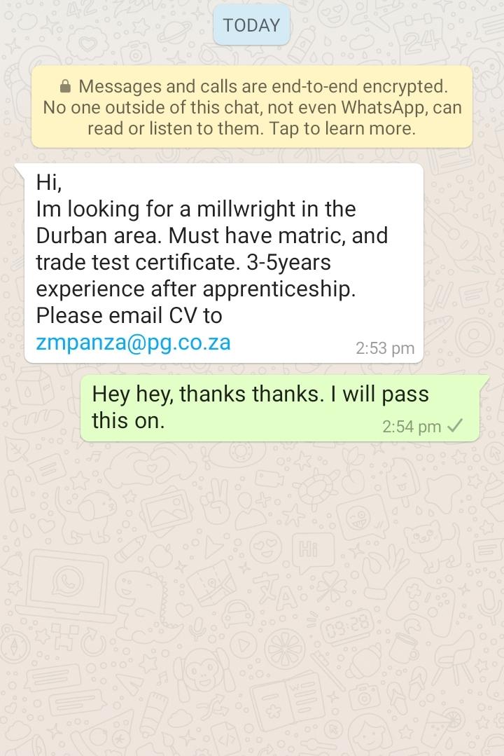 FuzileMazo's tweet photo. Attention Durban Tweeps!!
This was just sent to me now, please share to those who may be qualified and have the necessary skills.
#VacancyDrive https://t.co/YZwe3MVGlk