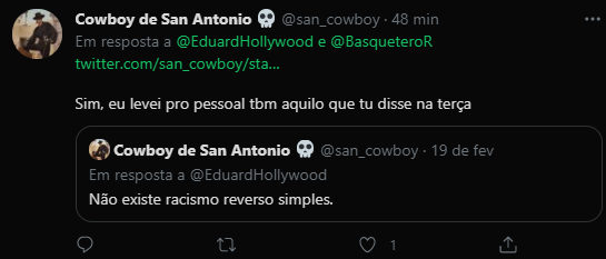 roelzao's tweet photo. TRETA!

O @EduardHollywood e o @san_cowboy  estão discutindo sobre questões raciais. O @EduardHollywood falou um monte de coisa sobre o cowboy, tipo: que o cowboy era bolsominion e etc... E o @san_cowboy flodou o replies do hollywood com o comentário que ele fez pro próprio+ https://t.co/751nx9uTug