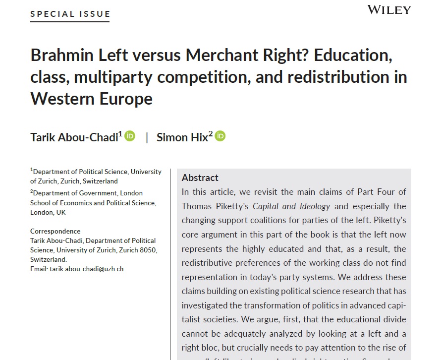As part of a fantastic special issue in the @BJSociology on Capital and Ideology, @simonjhix and I investigate Piketty’s arguments about a Brahmin Left that now supposedly represents the educational elite and because of this focuses less on redistribution bit.ly/3slGZcM