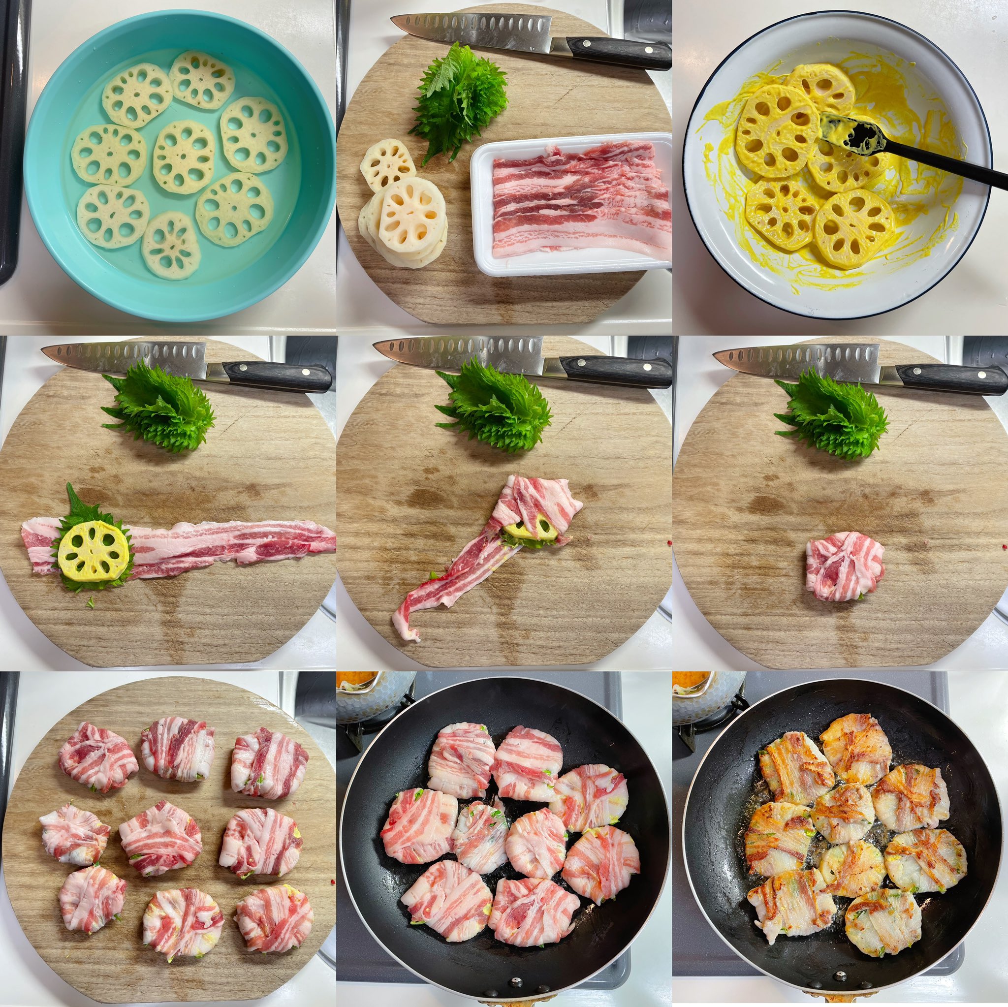 おりえ 肉で巻けばだいたい美味いけど これは別格に好き あと辛子蓮根で酒を飲むのが好きな人には確実に刺さる料理ですね 蓮根を0 5cm厚に切って酢水に晒して 水気切ったら からしとマヨネーズを混ぜたものに和えて 豚バラで大葉と一緒に巻く