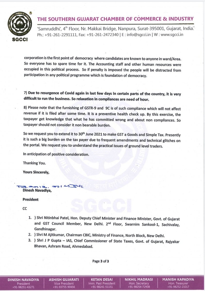 mr__manot's tweet photo. Representation by @SGCCI_Surat for #GSTR9 and #GSTR9C extension for F.Y.2019-20.
@cbic_india @FinMinIndia @nsitharamanoffc @Anurag_Office #ChairmanCBIC @theicai

#ExtendGstDueDates
#ExtendGSTR9
#ExtendGSTR9C 
#Extend_Due_Dates_Immediately https://t.co/6FpPvWqdZs