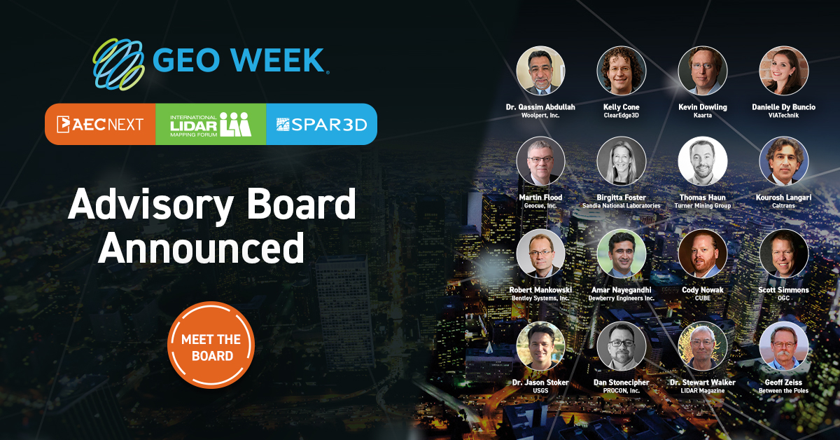 Advisory Board Set for Geo Week February 6-8, 2022 in Denver, CO. 16 experts have been tapped to help craft critical programming for Geo Week. Read more here: bit.ly/3ssTtiS