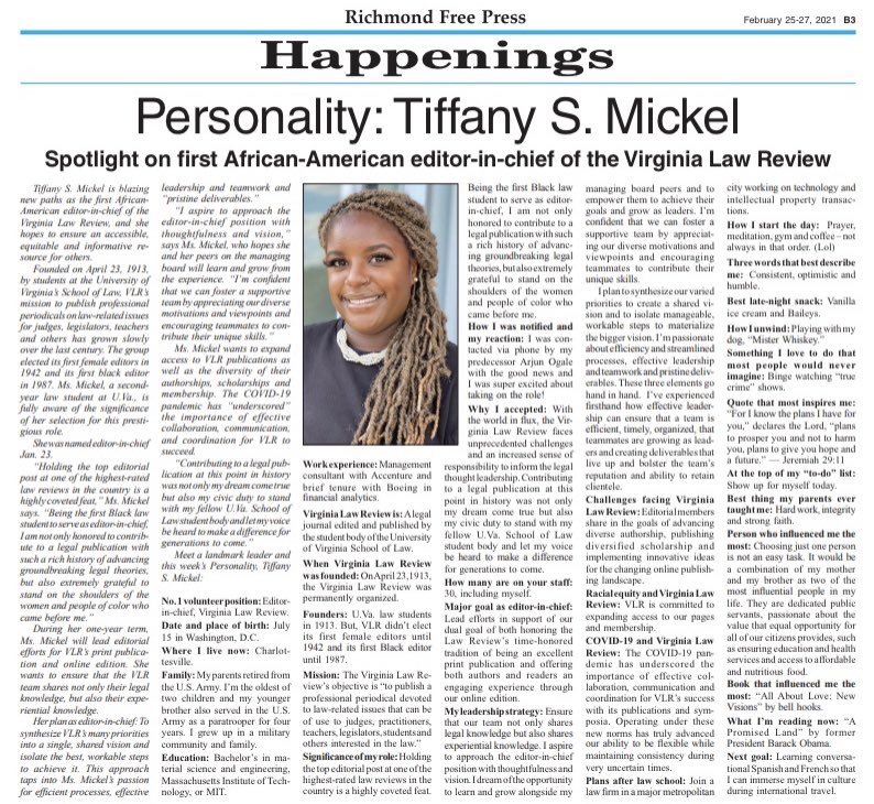 Please meet our Personality of the Week: Tiffany Mickel, first African-American editor-in-chief of the Virginia Law Review. @VirginiaLawRev @UVA @UVALaw @UVALawLibrary @MIT #PersonalityoftheWeek #RichmondFreePress #TiffanySMickel #VALawReview #editorinchief #UVA #UVALaw