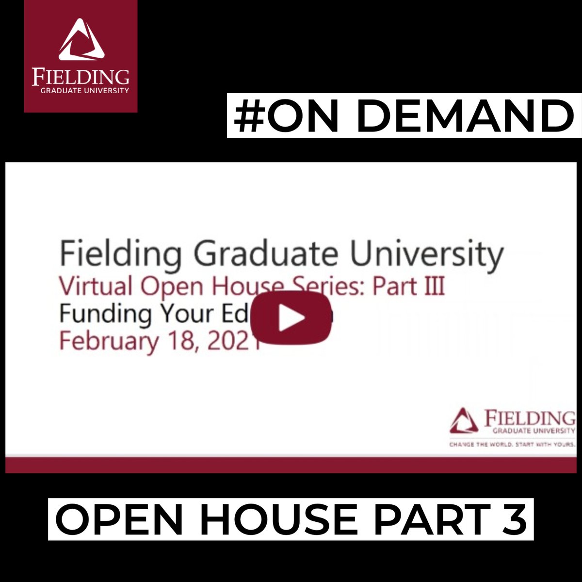 FieldingGradU's tweet image. Fielding Graduate University Virtual Open House - PART 3: FUNDING YOUR EDUCATION. In case you missed the third webinar of a five part series, it is now available on demand at youtu.be/OQuI-L3GntQ.

#fieldinggraduateuniversity #distributedlearning