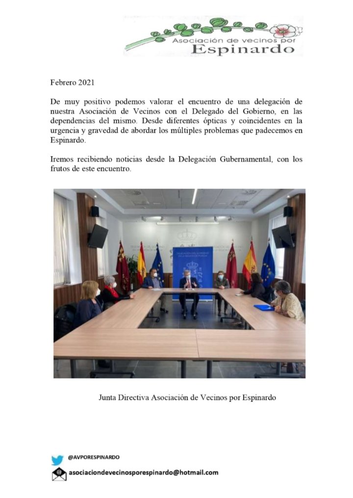 Volvemos a reunirnos con el Delegado del Gobierno para expresarle las necesidades y deficiencias de nuestro pueblo. Esperamos que el Sr.<a href="/Ballesta_Murcia/">José Ballesta</a>, como institución competente en la mayoría de las problemáticas que nos afecta, tome ejemplo de la Delegación del Gobierno.