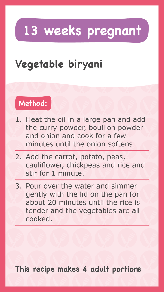 13 WEEKS 🤰

Your baby is the size of a pea pod!

You can add fresh, frozen or canned peas to many popular meals for 1 of your #5ADay. One portion is 80g.

Try out this quick and easy recipe for vegetable biryani using peas or swap it for any veg you have at home! #EatForYou