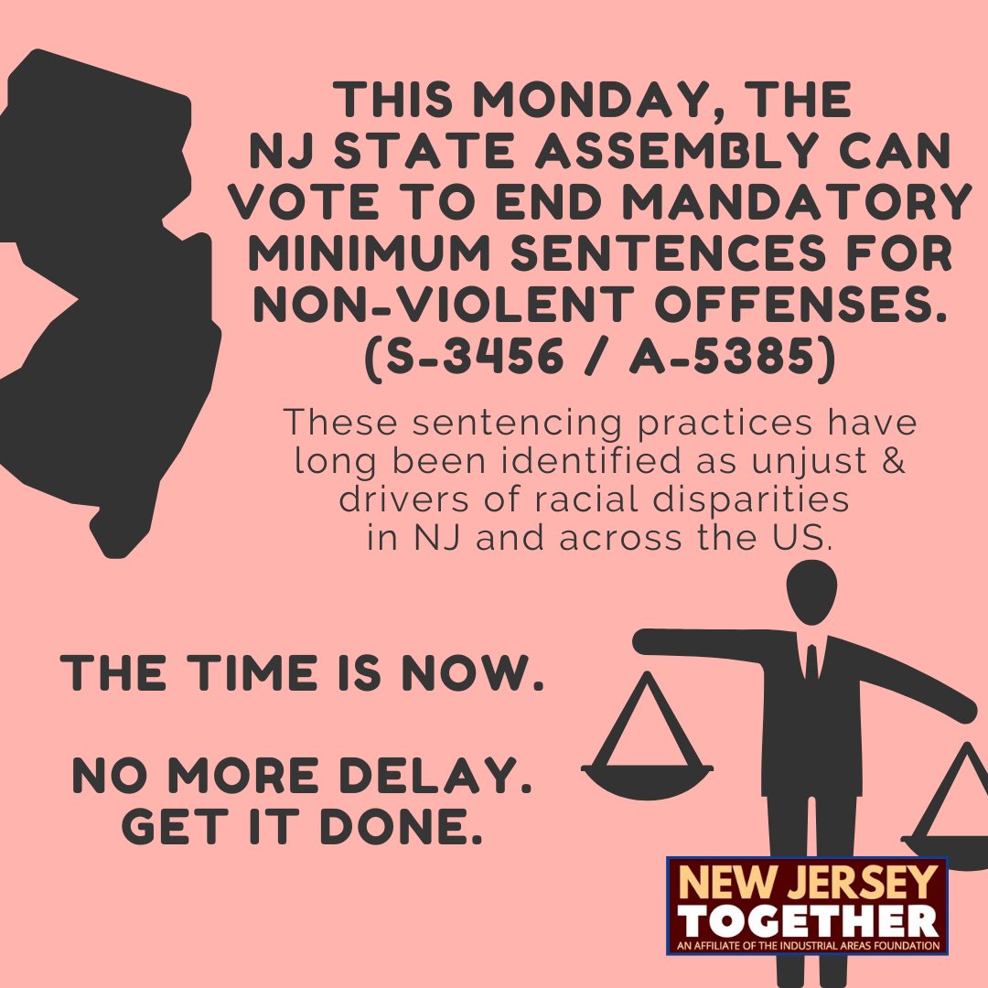 This Monday, the NJ Assembly can vote to end mandatory minimum sentences for non-violent offenses. This would put NJ in line w/ national best practices endorsed across partisan lines. No more delay. Get it done. <a href="/NicholasNJ31/">Nick Chiaravalloti</a> <a href="/RajMukherji/">Senator Raj Mukherji</a> <a href="/SSpeight4NJ/">Assemblywoman Shanique Speight</a> <a href="/ASWCarter/">ASW Linda S. Carter</a>  <a href="/SpeakerCoughlin/">Speaker Craig J. Coughlin</a>