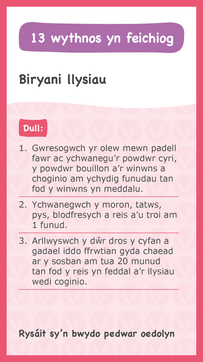 13 WYTHNOS🤰

Mae'ch babi maint pod pys!

Beth am roi pys ffres, wedi'u rhewi neu o dun i brydau poblogaidd a chael 1 o'ch #5yDydd. Mae dogn yn 80g.

Rhowch gynnig ar y rysáit hawdd hon, biryani llysiau, gan ddefnyddio pys neu ei gyfnewid am lysiau sydd gennych gartref! #BwytaiTi